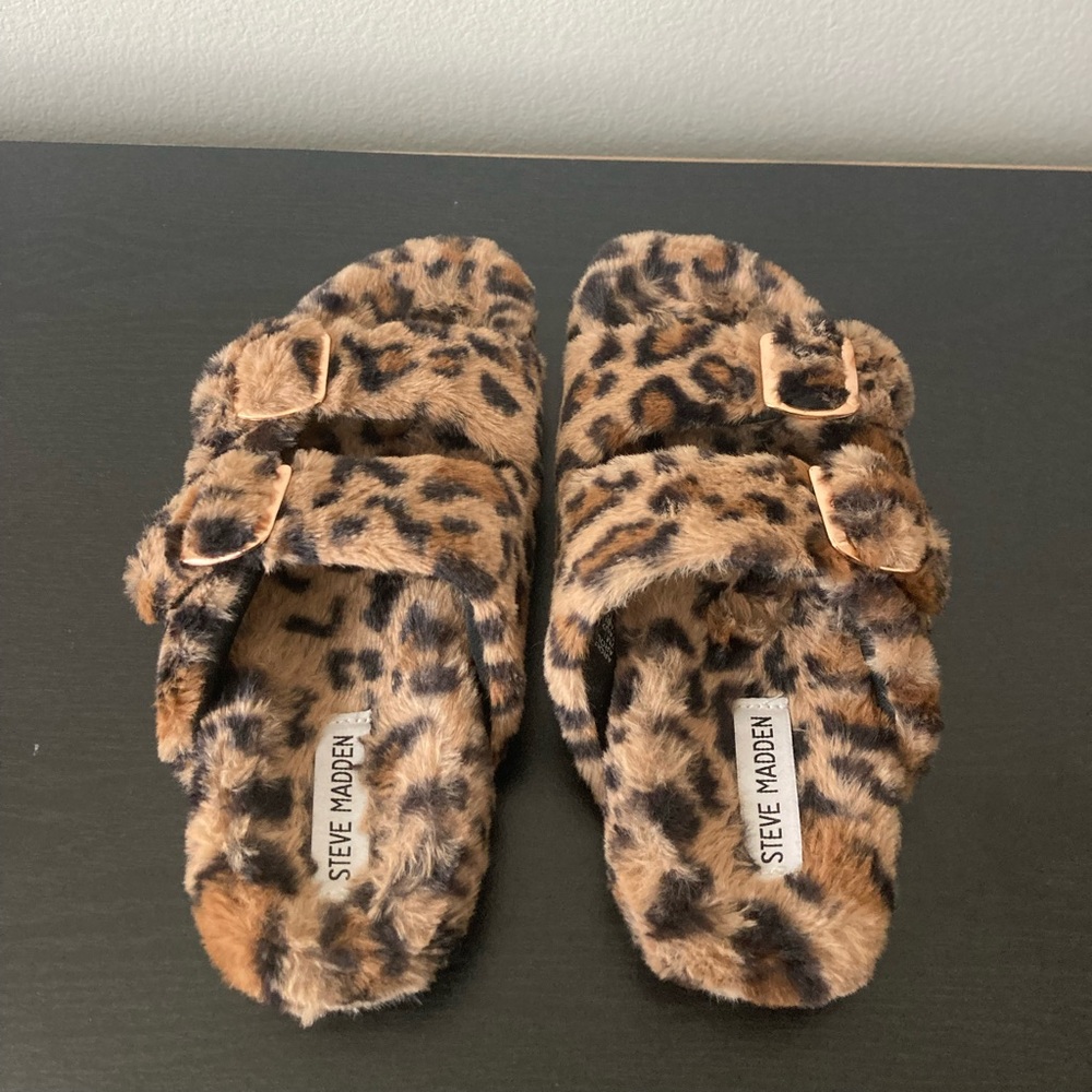 Faux fur, leopard print sandals with adjustable gold buckle detailing